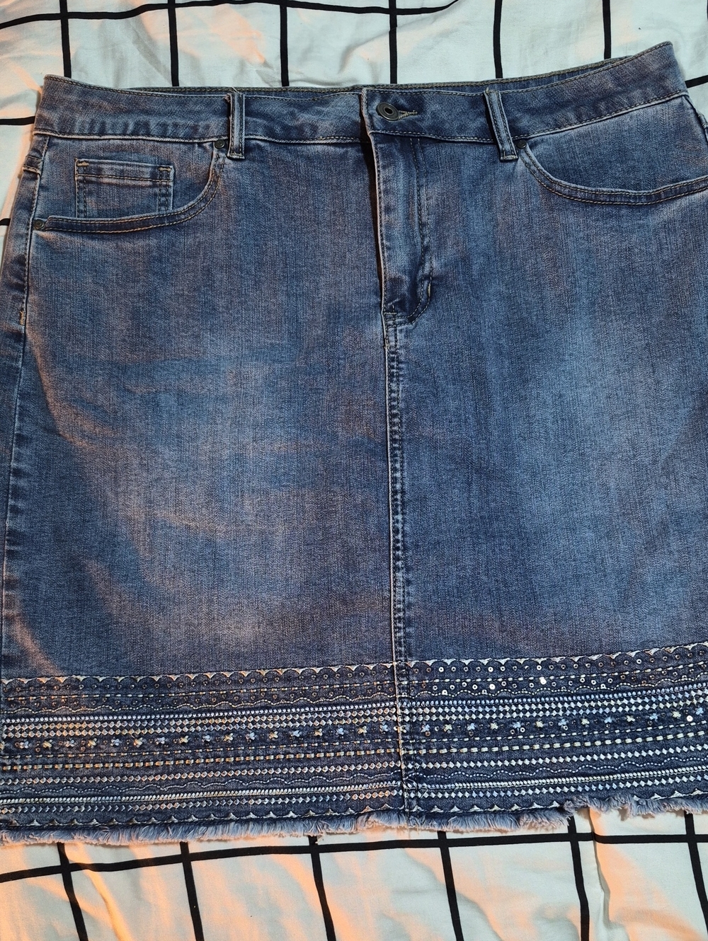 Denim Skort with Embroidered Hem in Blue. Charlie B